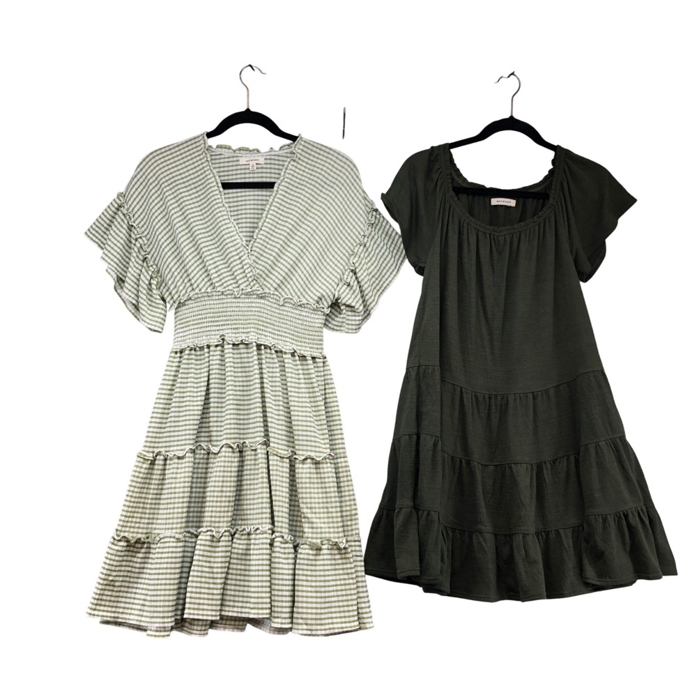 Max Studio Summer Dress Lot Women Small Green Gingham & Solid Boho Tiered